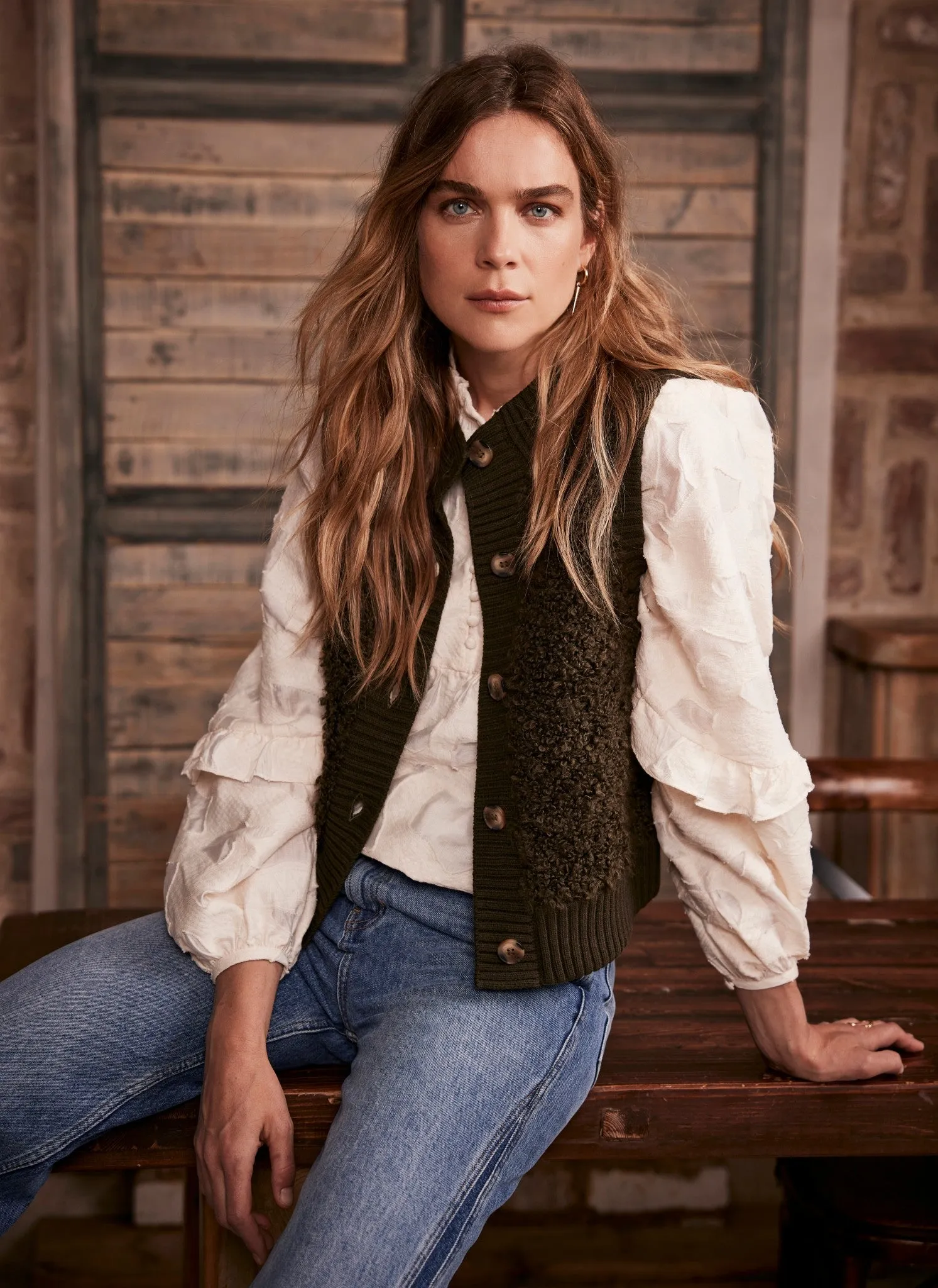 Khaki Boucle Cotton Blend Gilet sold by Mint Velvet