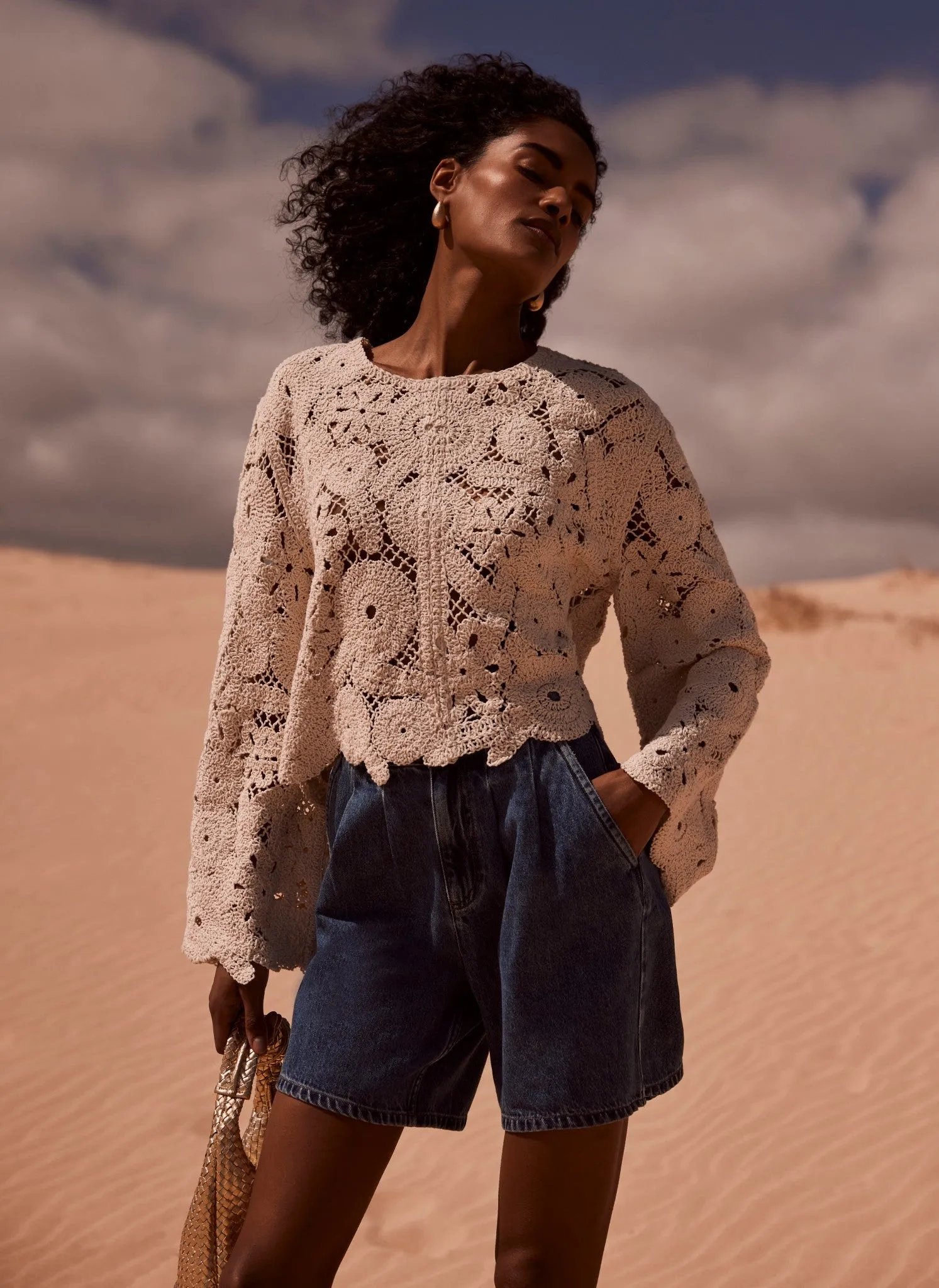 【ULLALA】Taylor Short Sleeve Women's Fair Cream Cream Crochet Shell Top | Parallel