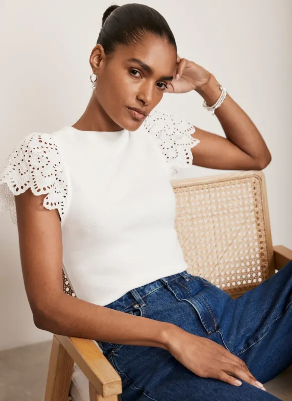 White Broderie Sleeve Top sold by Mint Velvet