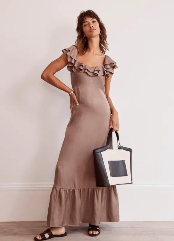 Neutral Satin Frill Maxi Dress sold by Mint Velvet