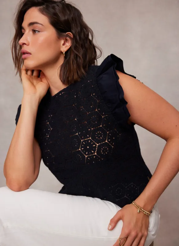 Navy Crochet Frill Top sold by Mint Velvet
