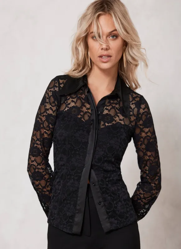 Black Lace Satin Trim Shirt sold by Mint Velvet