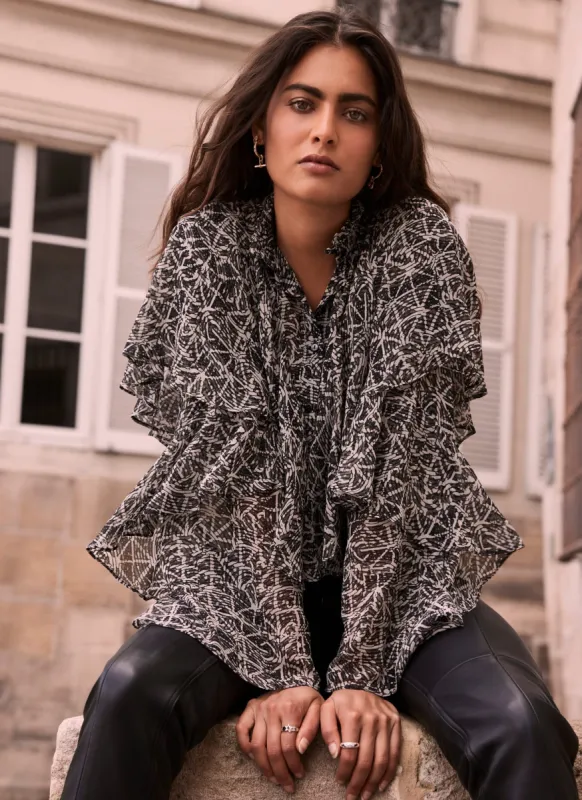 Khaki Print Ruffle Blouse sold by Mint Velvet