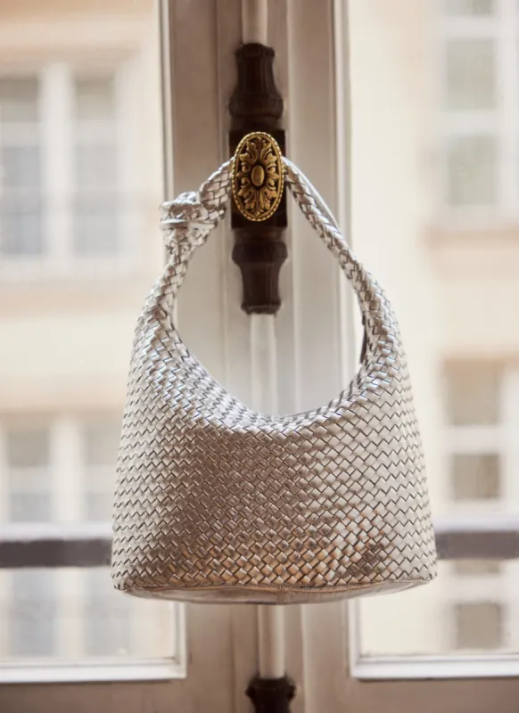 Silver Leather Woven Knot Handle Bag sold by Mint Velvet