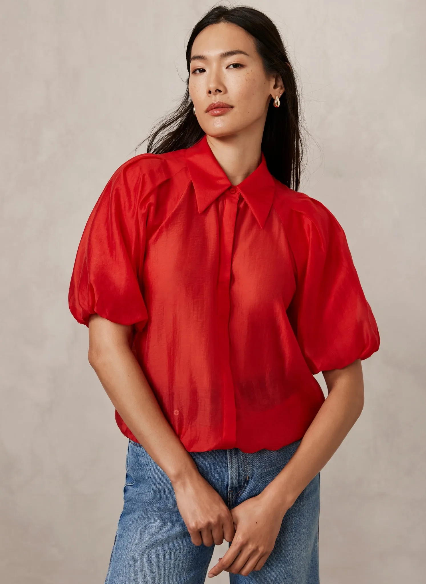 Red Sheer Puff Sleeve Shirt sold by Mint Velvet product image thumbnail 3