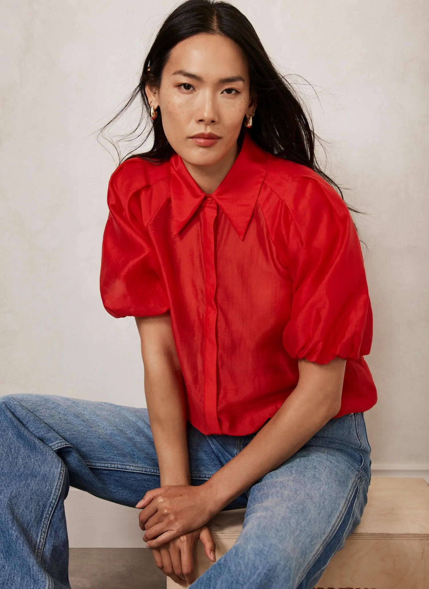 Red Sheer Puff Sleeve Shirt sold by Mint Velvet product image thumbnail 5