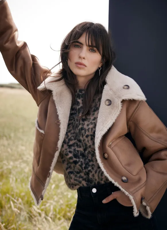 Neutral Funnel Neck Borg Jacket sold by Mint Velvet