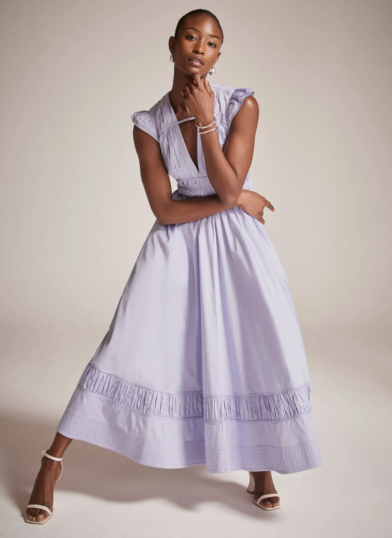 Lilac Gathered Bodice Midi Dress sold by Mint Velvet