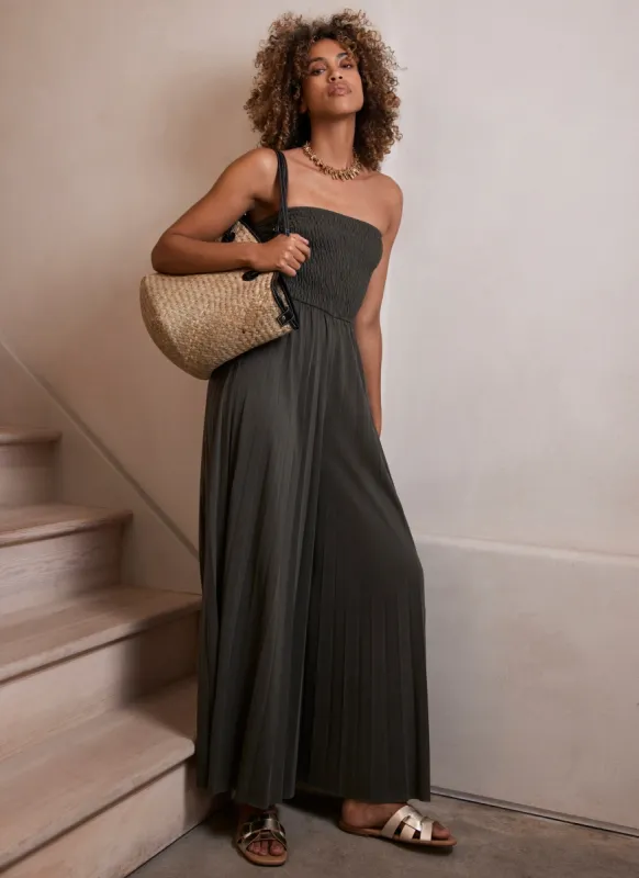 Khaki Pleated Bandeau Wide Jumpsuit sold by Mint Velvet