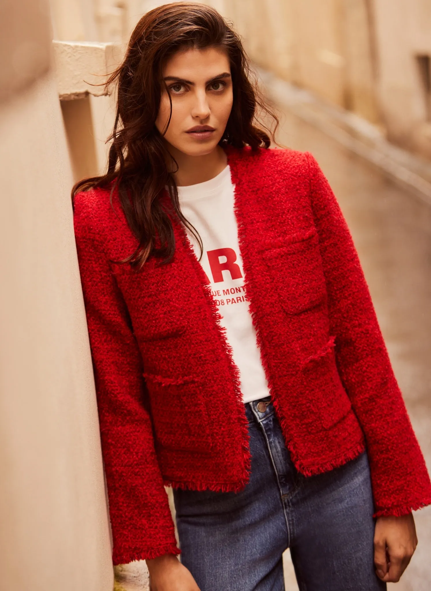 Red Wool Blend Boucle Jacket sold by Mint Velvet