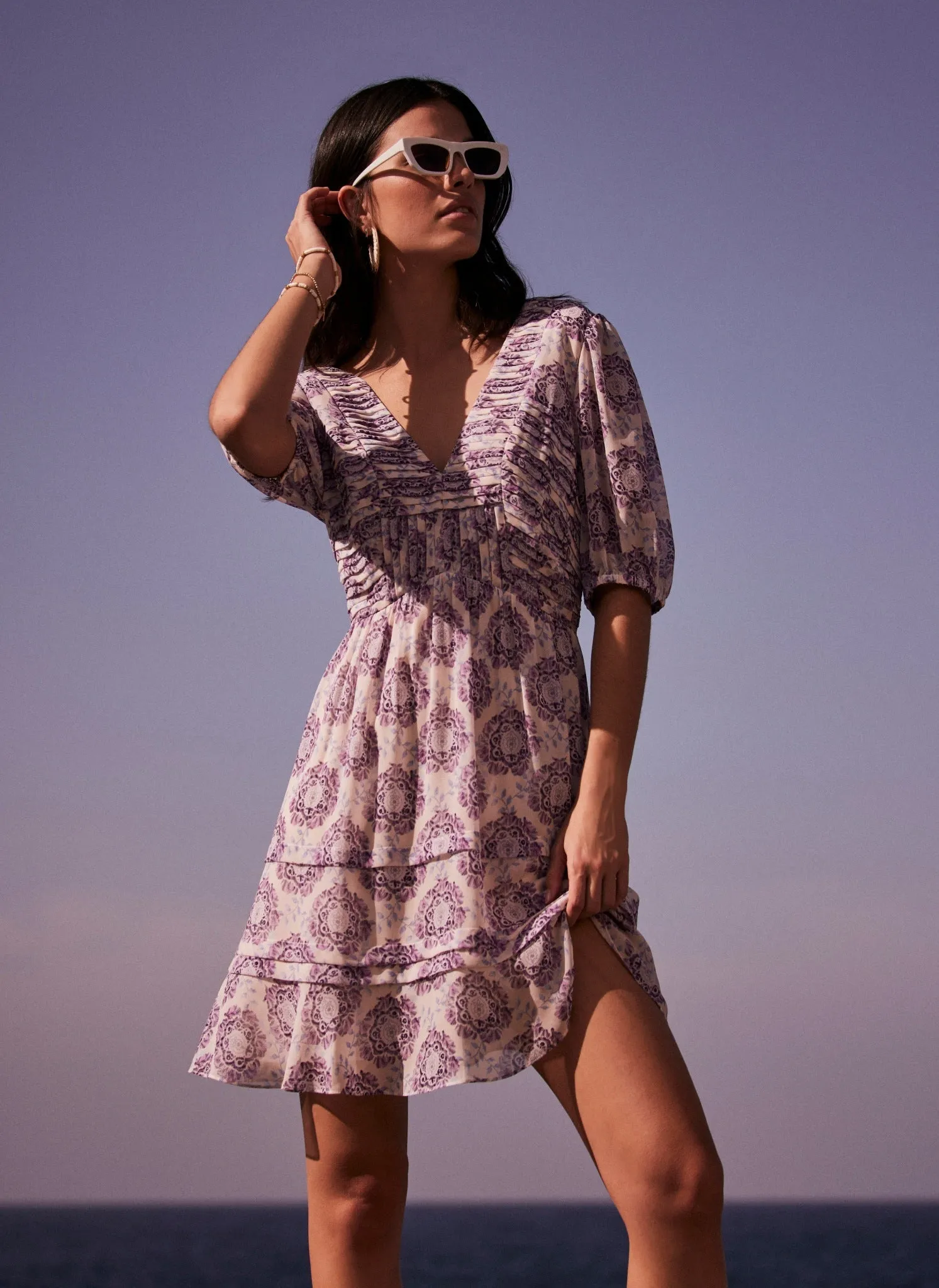 Lilac Floral Pleat Mini Dress sold by Mint Velvet