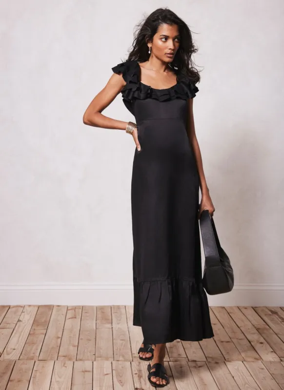 Black Satin Frill Maxi Dress sold by Mint Velvet