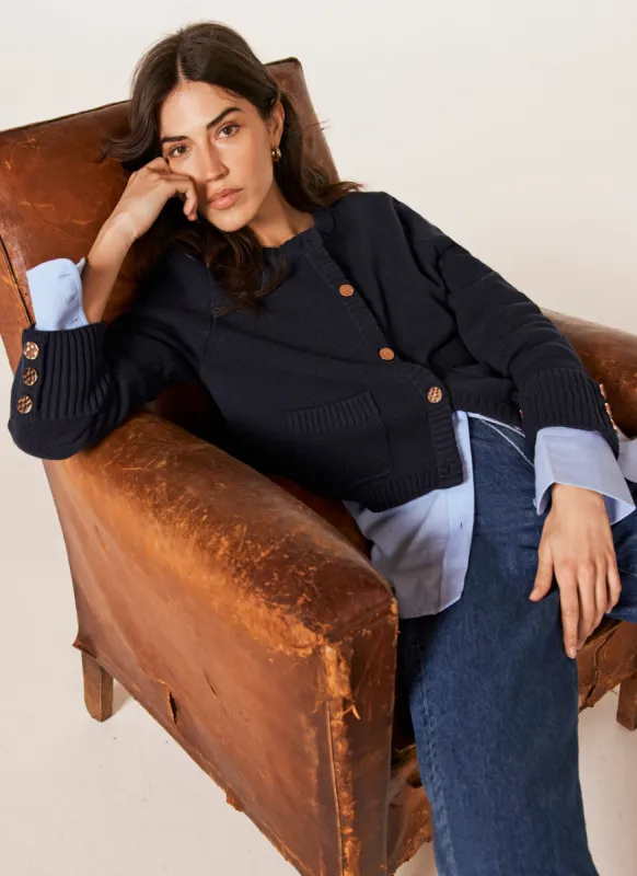 Navy Cotton Cropped Cardigan made by Mint Velvet