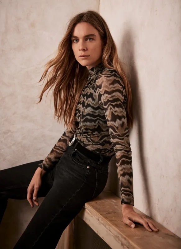 Khaki Abstract Print Mesh Top sold by Mint Velvet