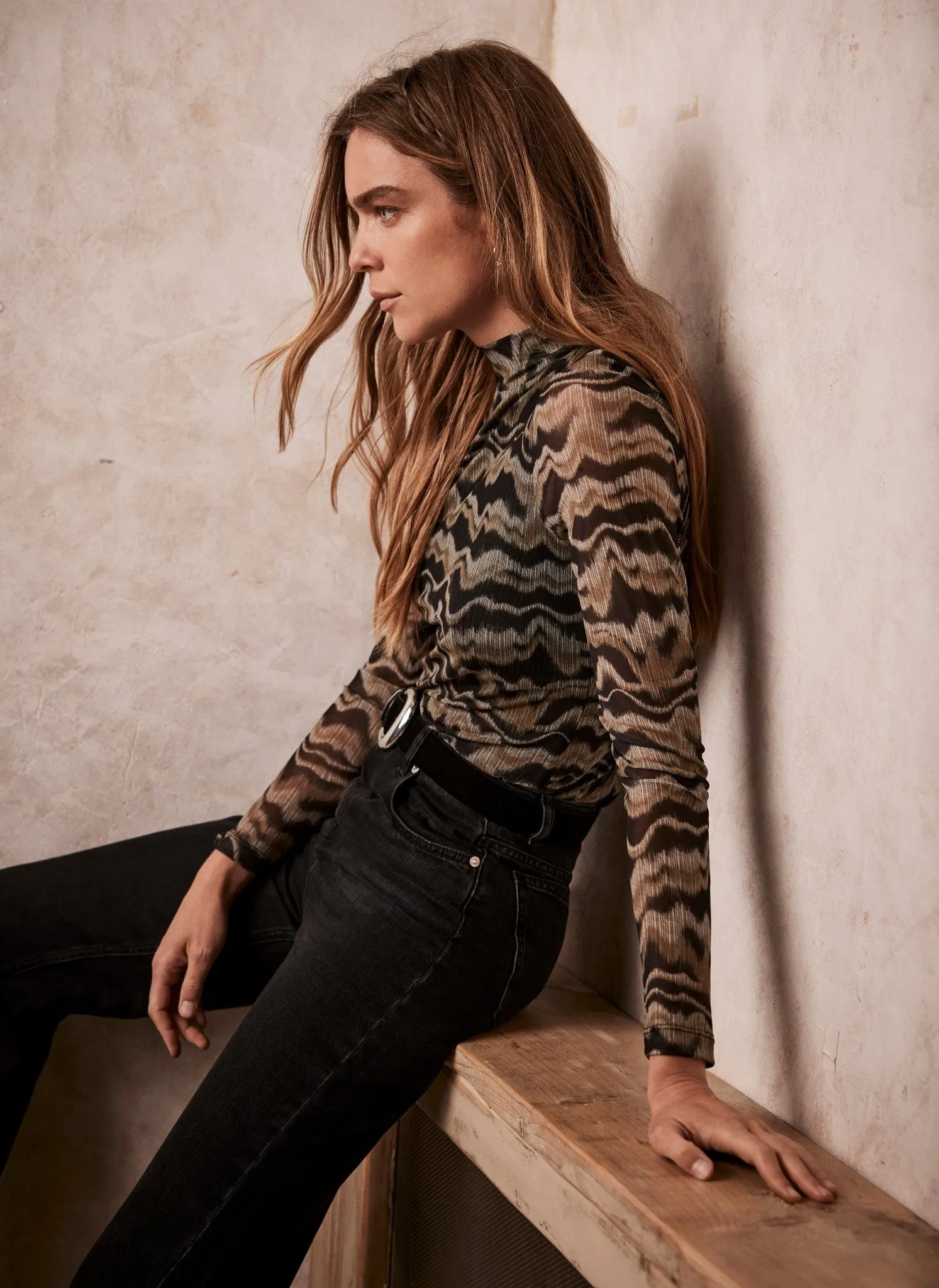 Khaki Abstract Print Mesh Top sold by Mint Velvet product image thumbnail 4