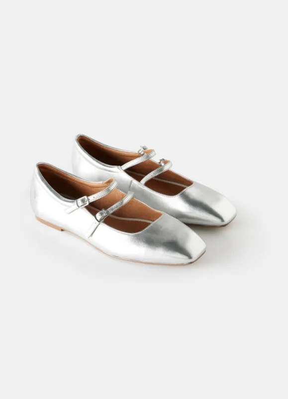 MJ Silver Leather Ballet Pumps sold by Mint Velvet
