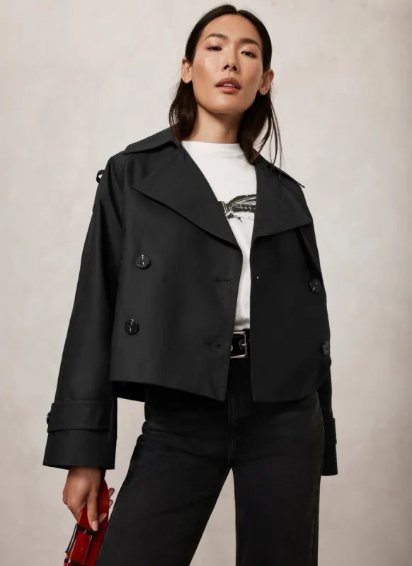 Black Cotton Cropped Trench Coat sold by Mint Velvet