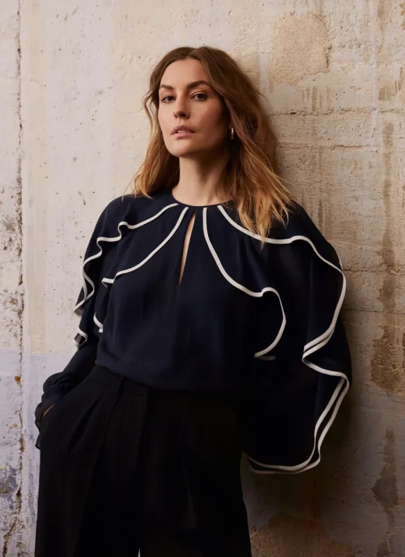 Navy Ruffle Contrast Blouse sold by Mint Velvet