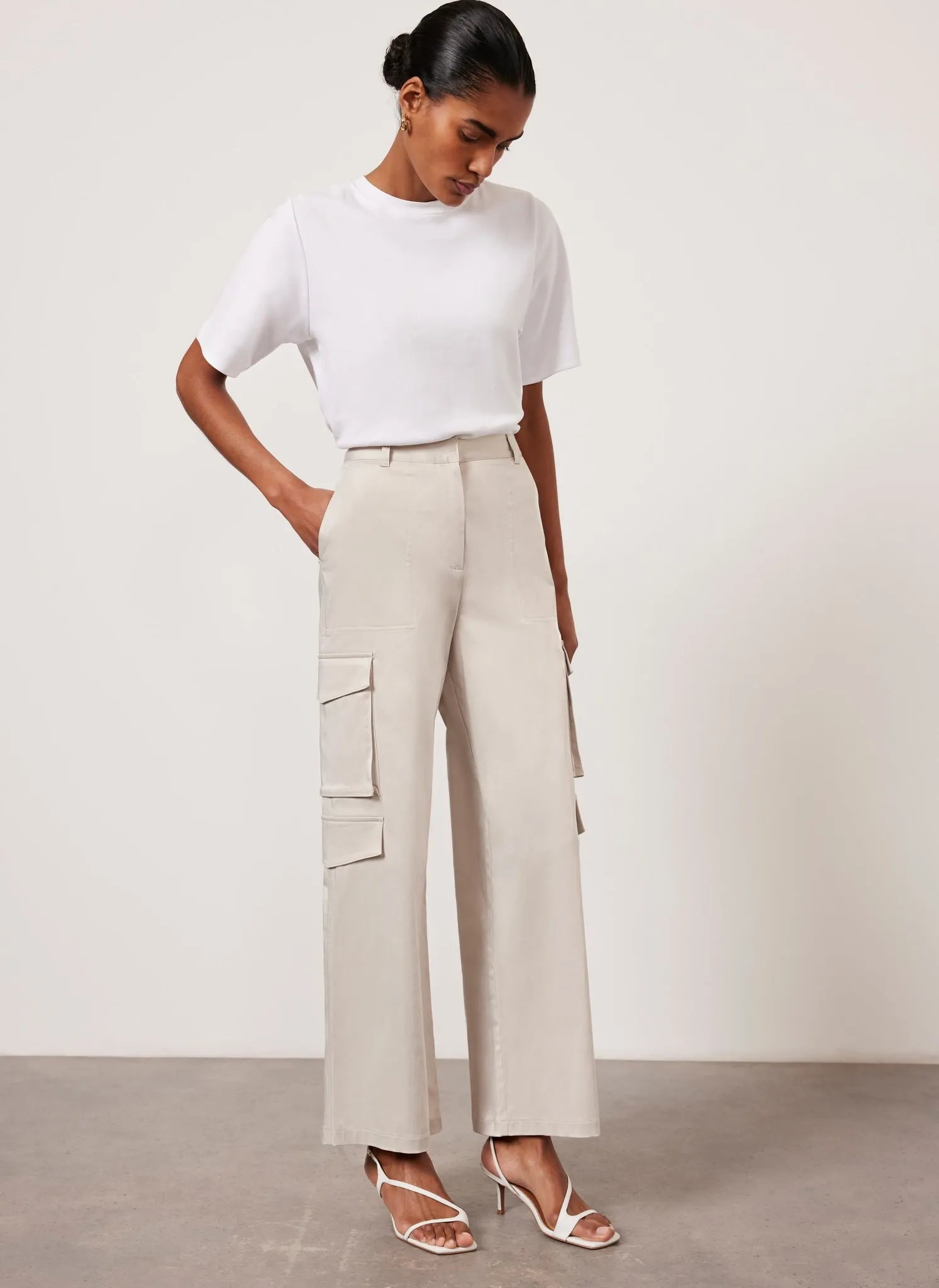 Neutral Straight Satin Cargo Trousers sold by Mint Velvet product image thumbnail 4