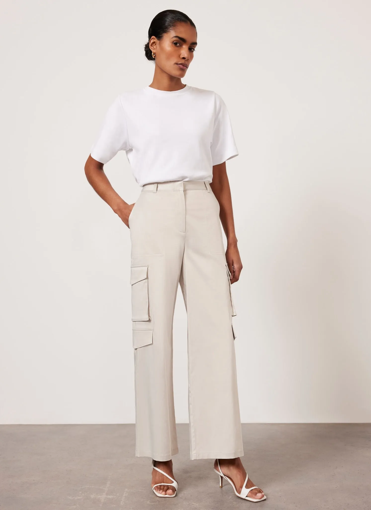 Neutral Straight Satin Cargo Trousers sold by Mint Velvet