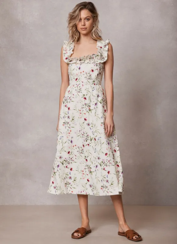 Neutral Linen Floral Midi Dress sold by Mint Velvet