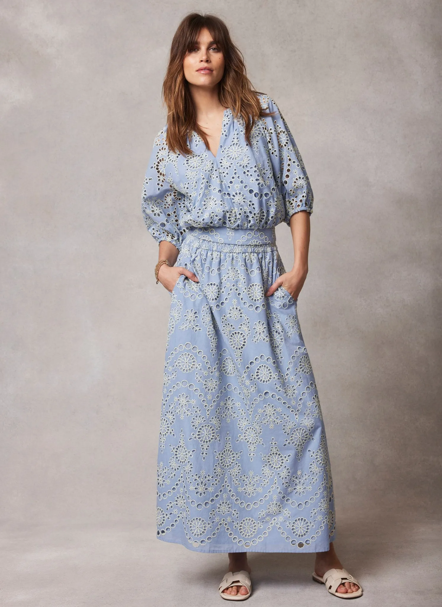 Blue Broderie Cotton Midi Skirt sold by Mint Velvet product image thumbnail 3