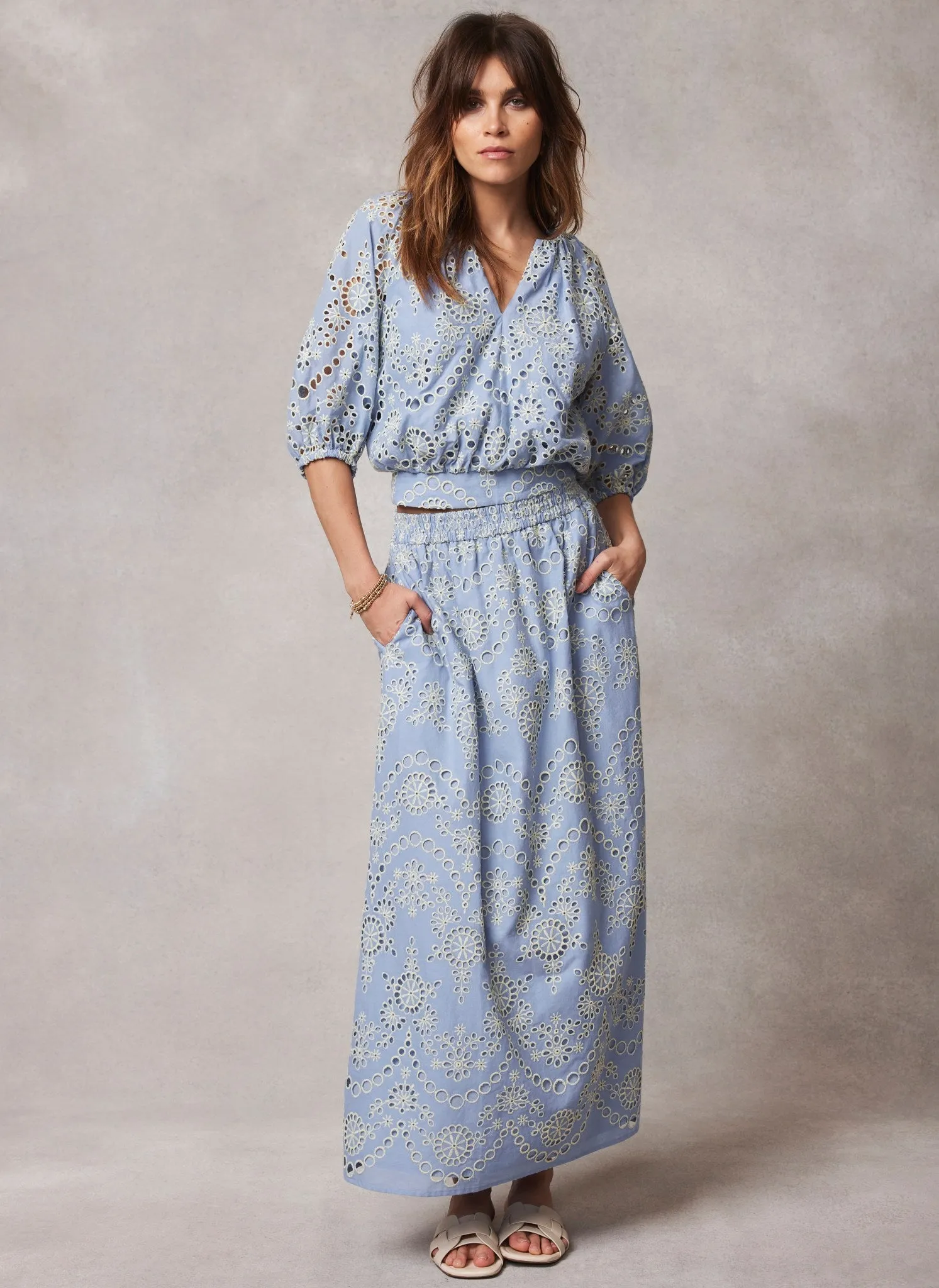 Blue Broderie Cotton Midi Skirt sold by Mint Velvet product image thumbnail 4