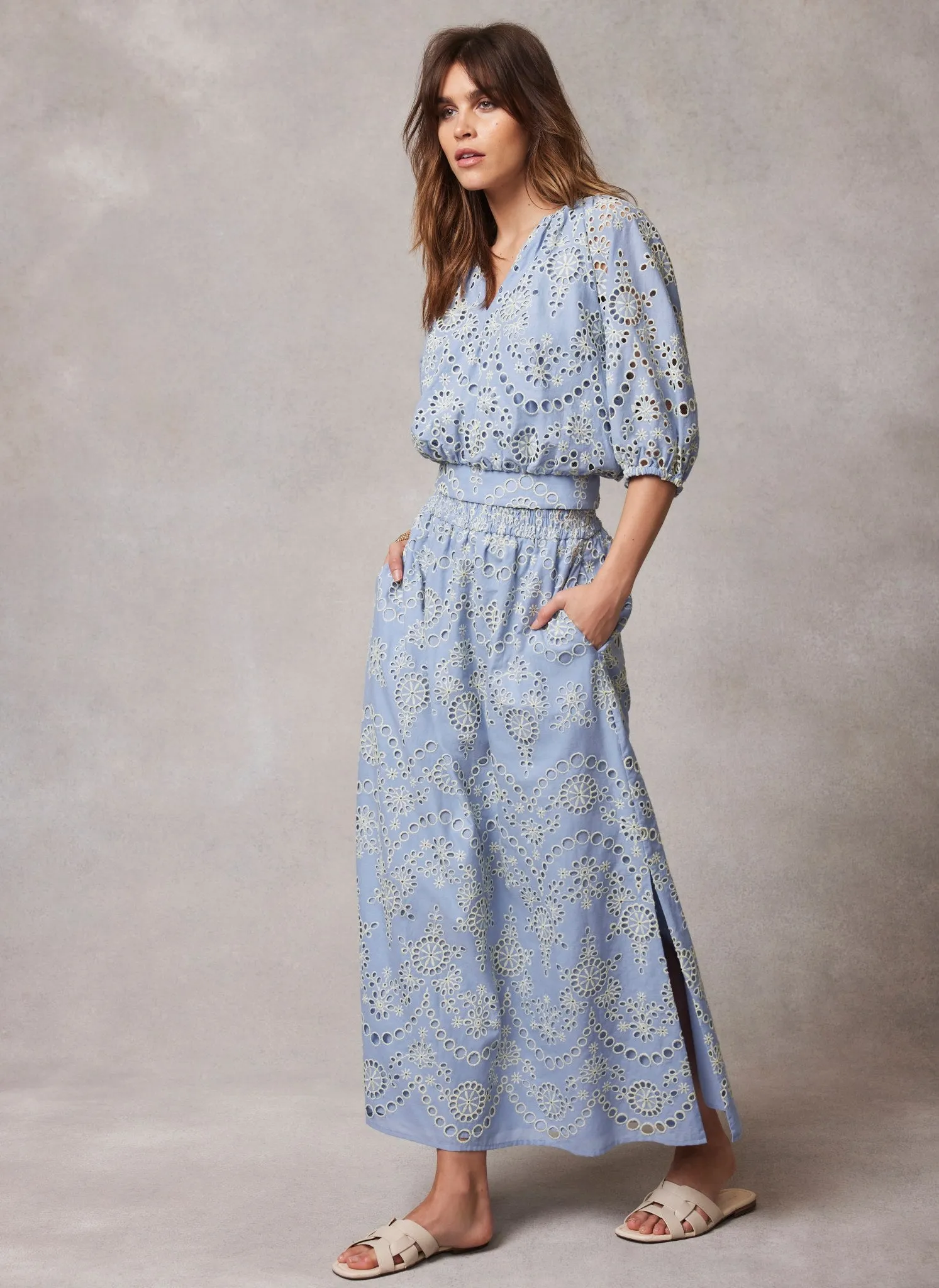 Blue Broderie Cotton Midi Skirt sold by Mint Velvet