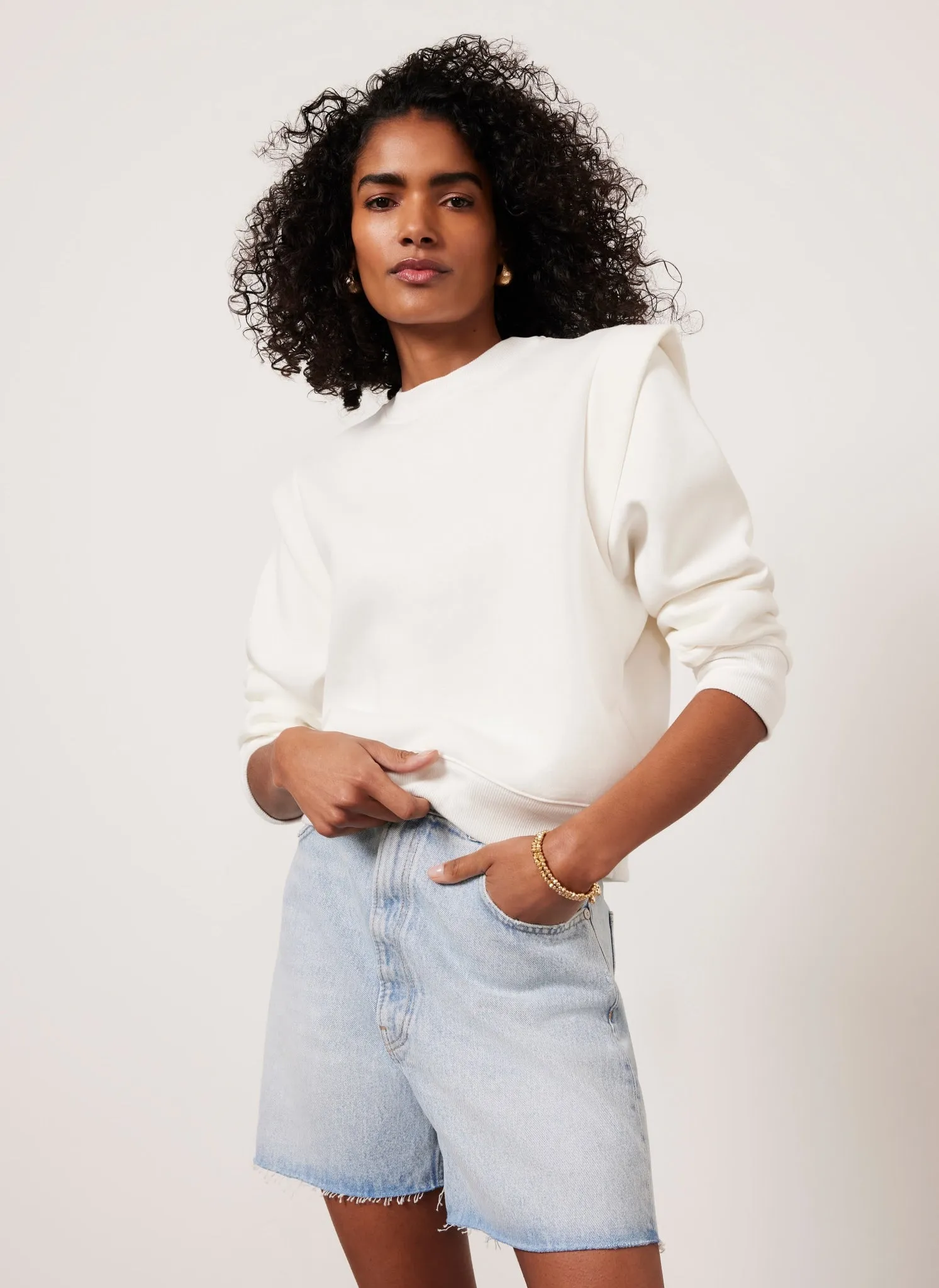 White Cotton Extended Shoulder Sweatshirt sold by Mint Velvet