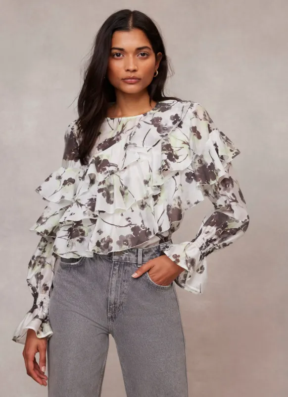 Neutral Floral Print Ruffle Blouse sold by Mint Velvet