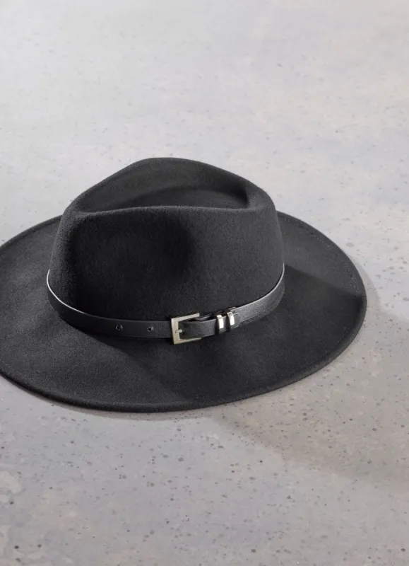 Black Buckle Strap Fedora Hat made by Mint Velvet