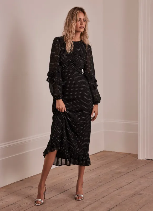 Black Print Ruffle Midi Dress sold by Mint Velvet