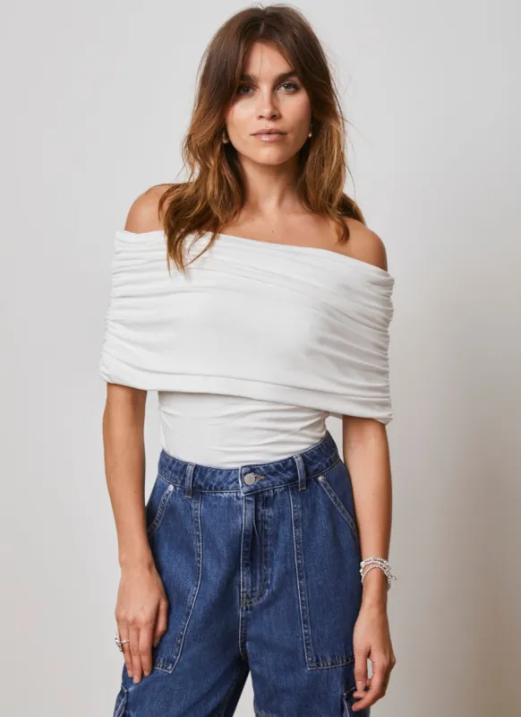 Cream Ruched Bardot Top sold by Mint Velvet
