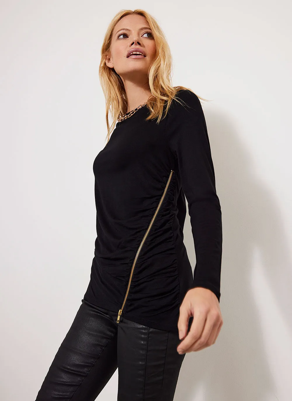 Black Ruched Zip Longline Top sold by Mint Velvet