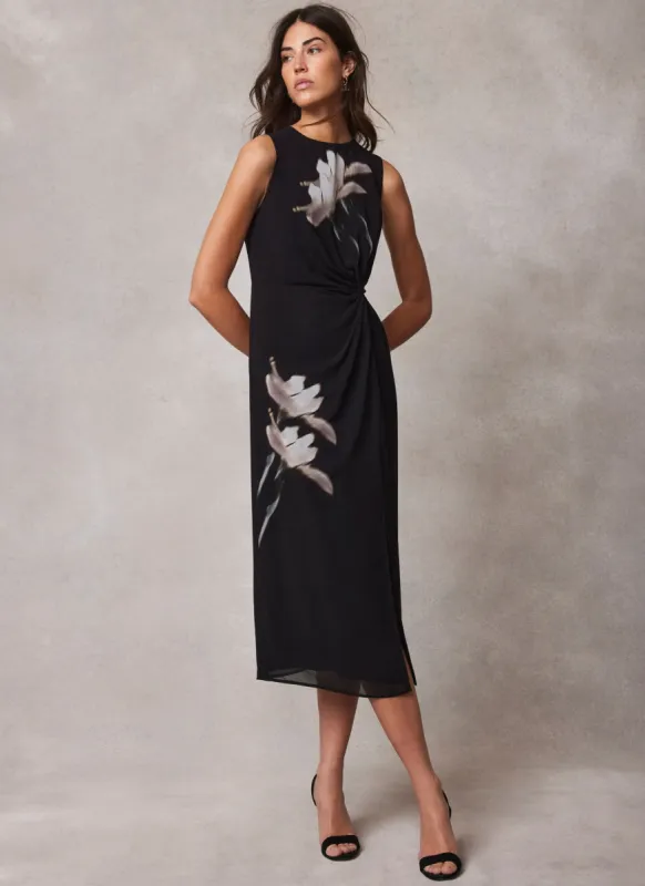Black Floral Twist Waist Midi Dress sold by Mint Velvet
