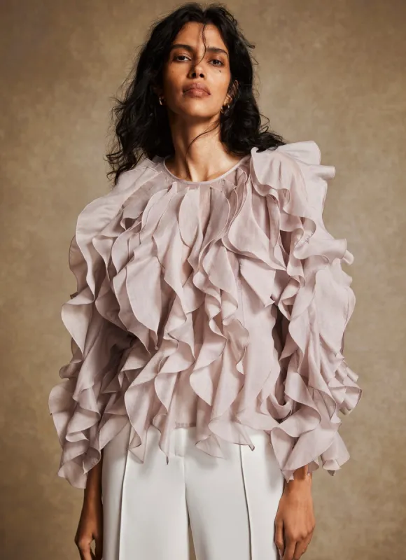 Neutral Organza Ruffle Blouse sold by Mint Velvet