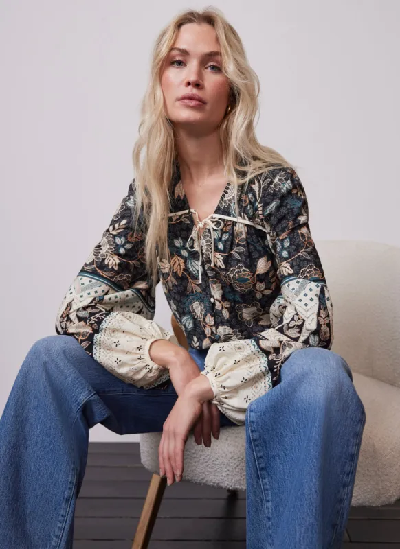 Black Floral Print Tie Blouse sold by Mint Velvet