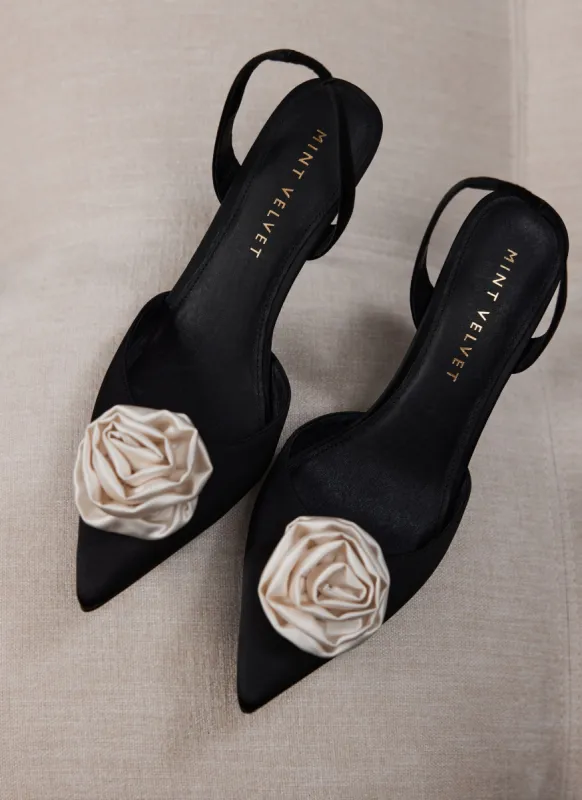 Black Satin Flower Court Heels sold by Mint Velvet