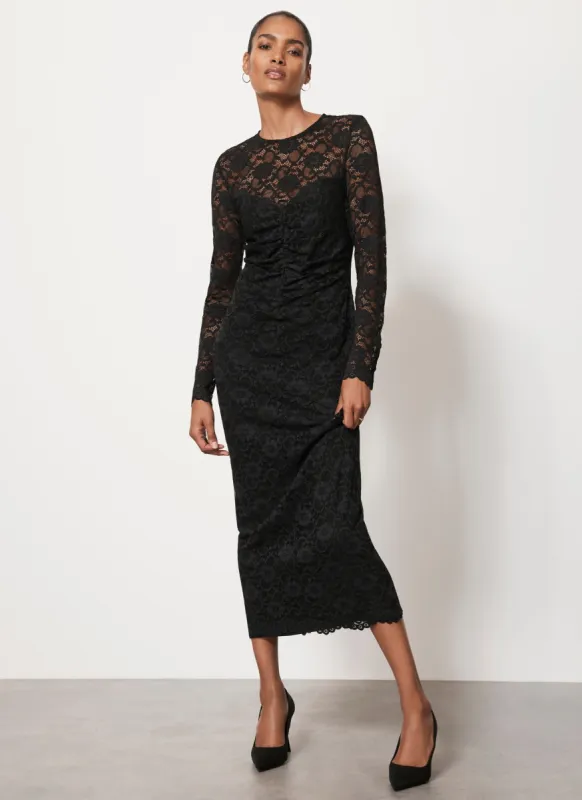 Black Lace Ruched Midi Dress sold by Mint Velvet