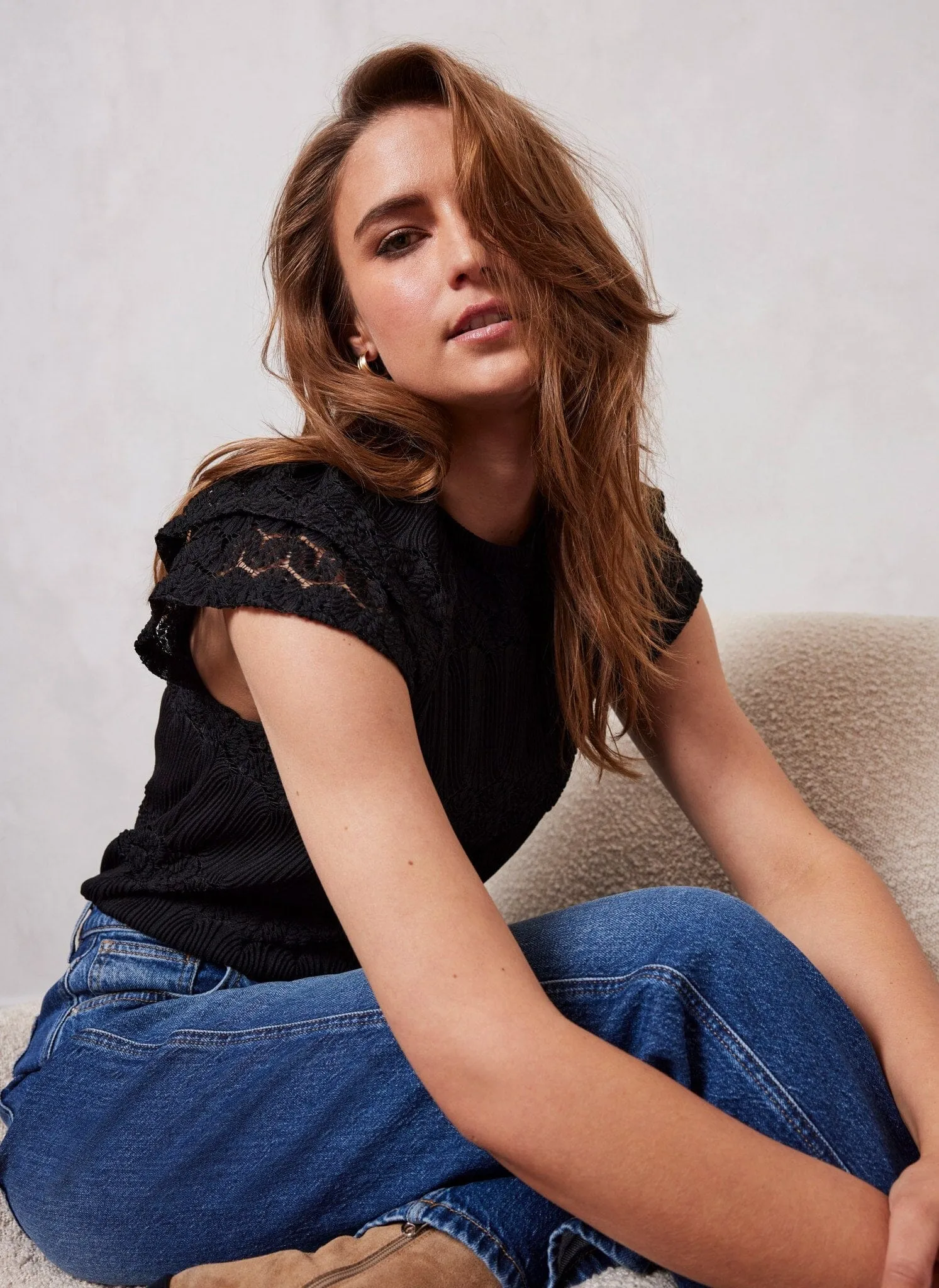 Black Lace Ruffle Top sold by Mint Velvet