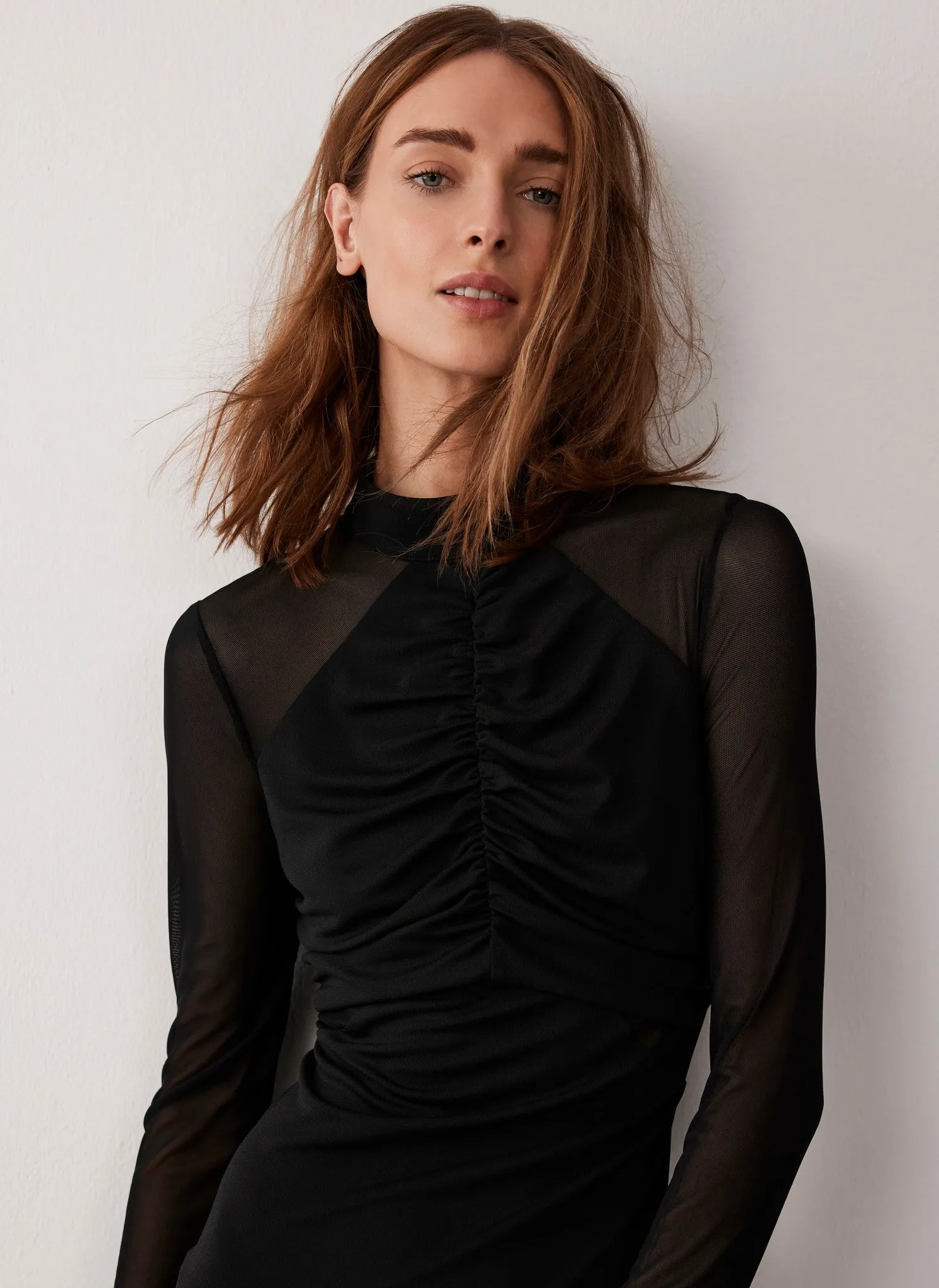 Black Mesh Ruched Midi Dress sold by Mint Velvet product image thumbnail 3