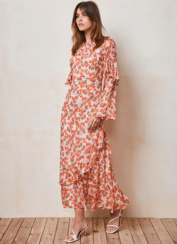 Orange Floral Print Ruffle Maxi Dress sold by Mint Velvet
