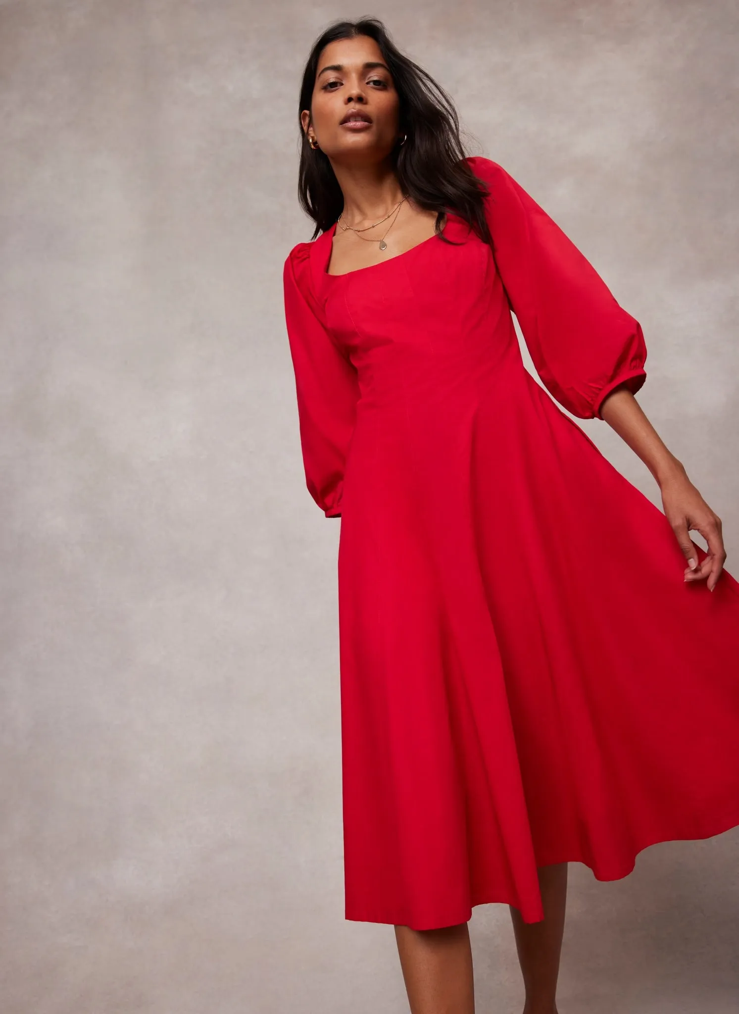 Red Cotton Puff Sleeve Midi Dress sold by Mint Velvet