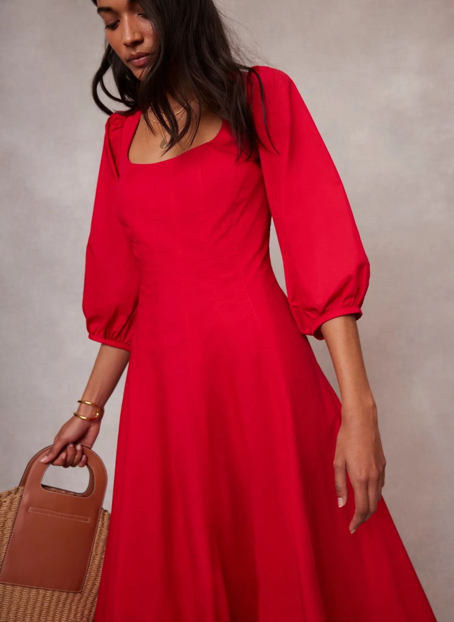 Red Cotton Puff Sleeve Midi Dress sold by Mint Velvet product image thumbnail 3