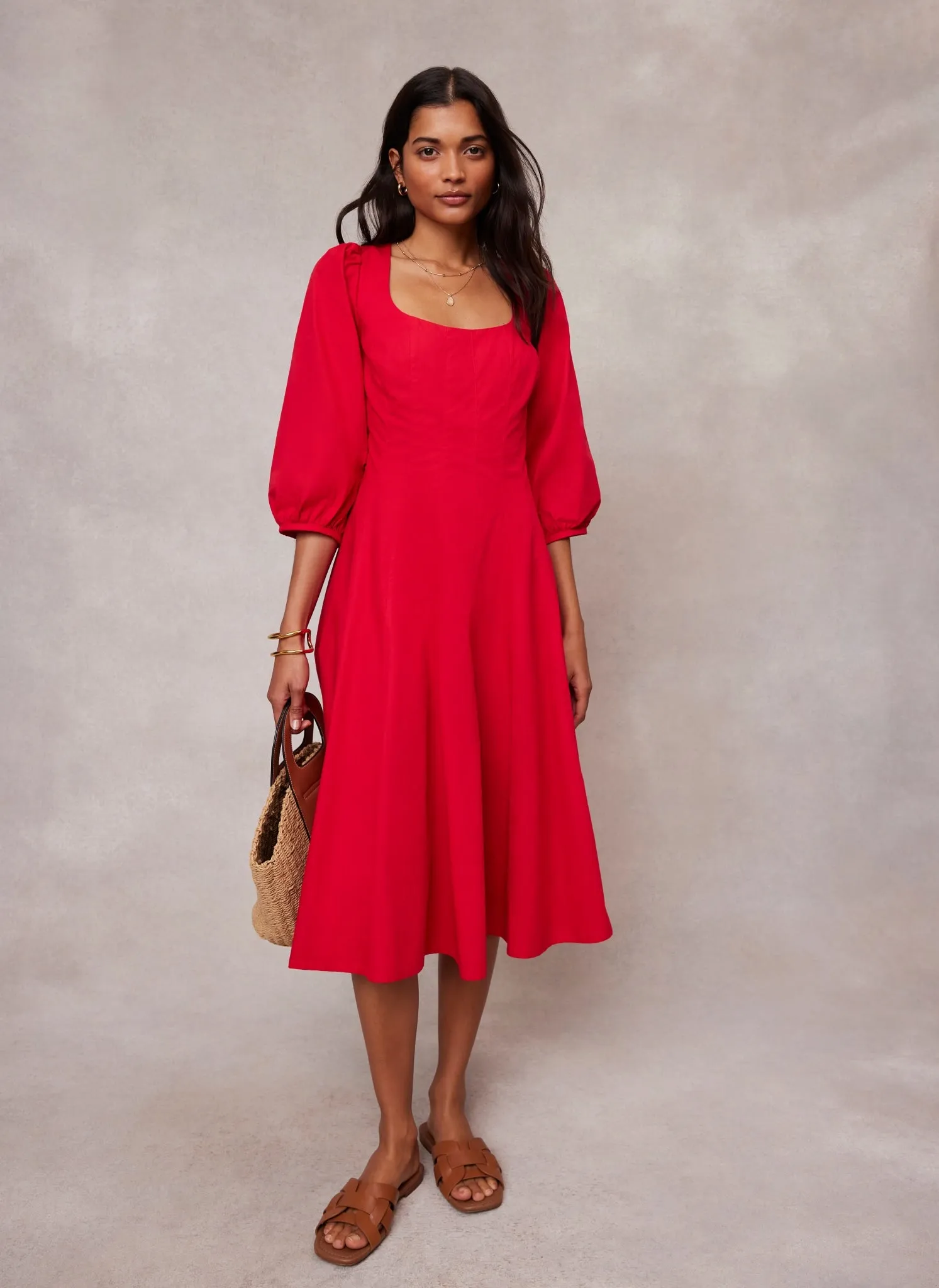 Red Cotton Puff Sleeve Midi Dress sold by Mint Velvet product image thumbnail 5