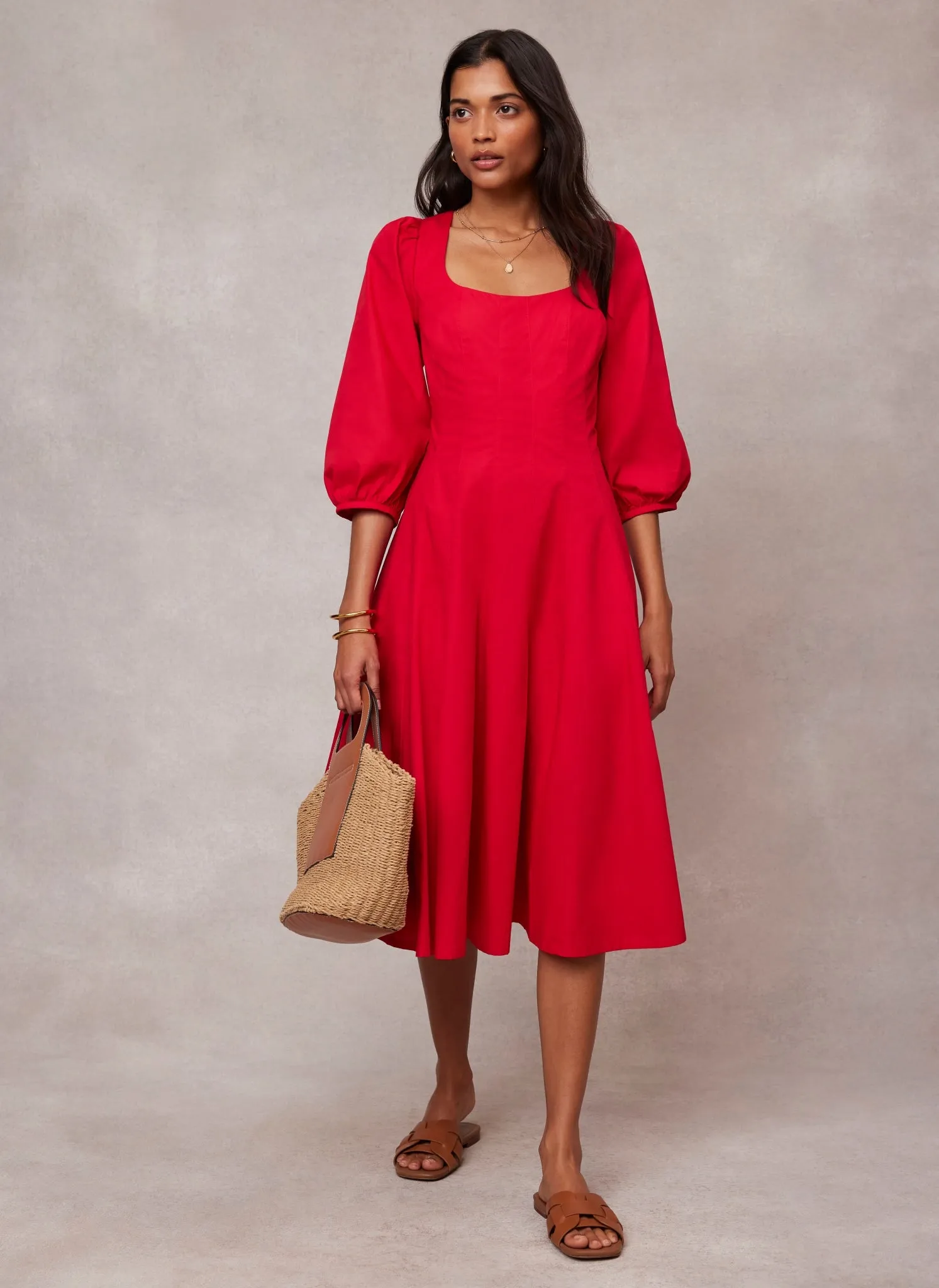 Red Cotton Puff Sleeve Midi Dress sold by Mint Velvet product image thumbnail 2