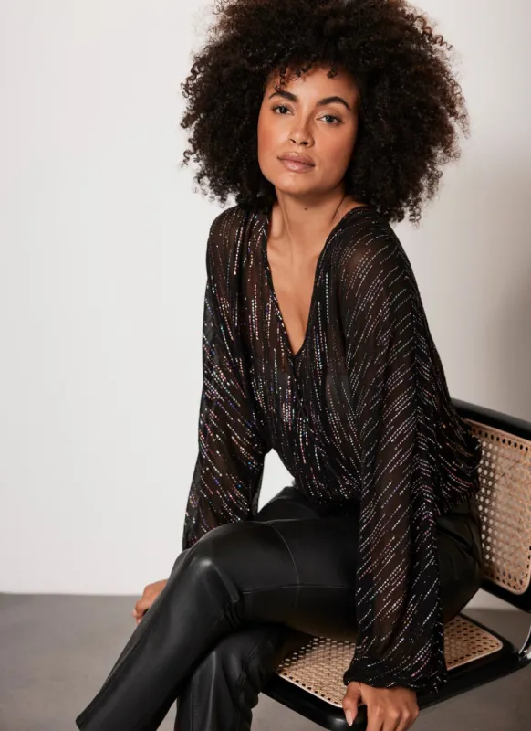 Black Metallic Wrap Top sold by Mint Velvet