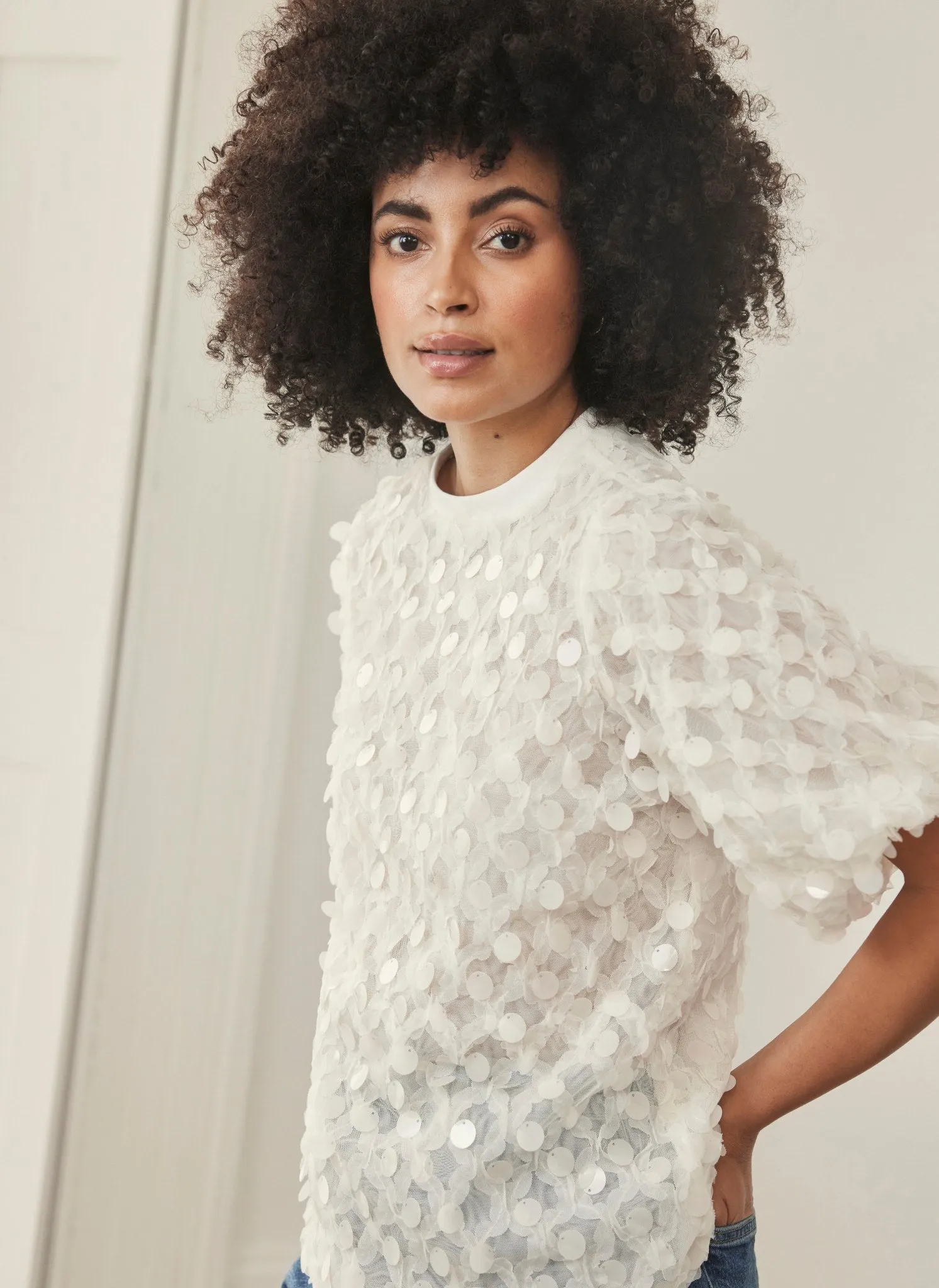 Cream Sequin Mesh T-Shirt sold by Mint Velvet
