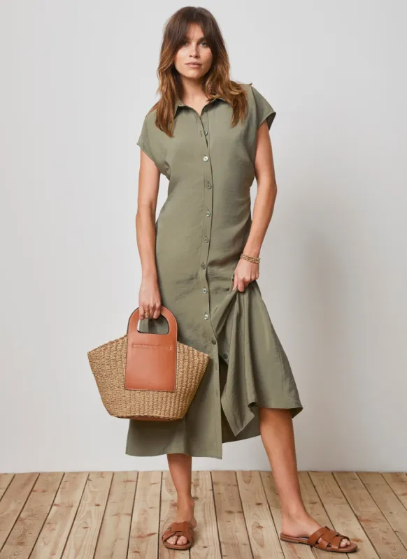 Khaki Ruched Midi Shirt Dress sold by Mint Velvet