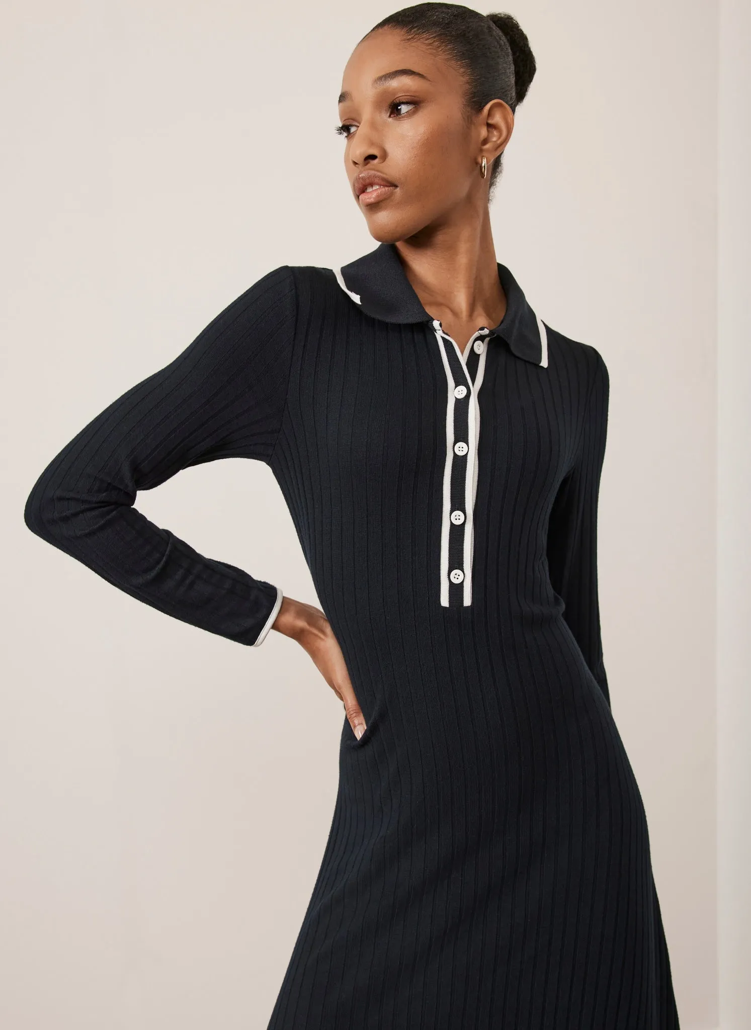 Khaki Ribbed Contrast Trim Polo Midi Dress sold by Mint Velvet product image thumbnail 3